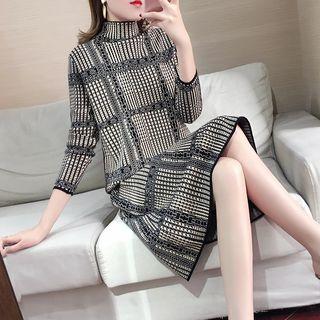 Long-sleeve Mock-neck Houndstooth Midi Knit Dress