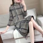 Long-sleeve Mock-neck Houndstooth Midi Knit Dress