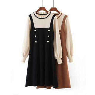 Two-tone Long-sleeve Midi A-line Knit Dress