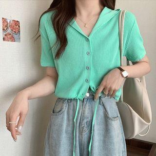 Short-sleeve V-neck Plain Hooded Knit Top