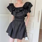 Set: Cold-shoulder Ruffle Top + Mini Skirt