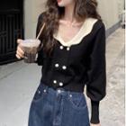 Contrast Collar Cropped Cardigan Black - One Size