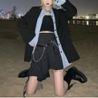 Plain Blazer / Long Sleeve Striped Shirt / Asymmetric Striped Mini A-line Skirt