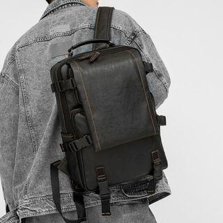 Contrast Stitching Faux Leather Backpack Black - One Size