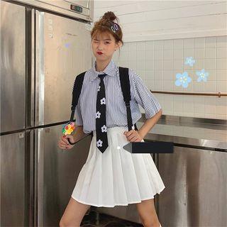 Elbow-sleeve Striped Shirt / Tie / Pleated Mini Skirt / Set