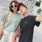 Couple Matching Letter Embroidered Striped Short Sleeve T-shirt