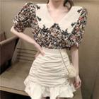Puff-sleeve Floral Blouse / Fitted Frill Trim Mini Skirt