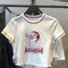 Short-sleeve Unicorn Print Cropped T-shirt