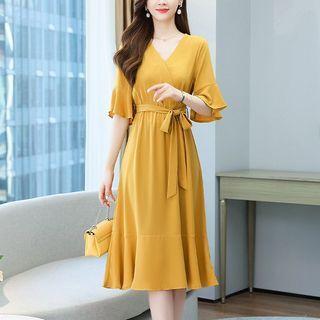 V-neck Plain Ruffle Trim Midi Dress