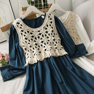 Set: Puff-sleeve A-line Midi Dress + Fringed Jacquard Vest