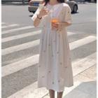 Short Sleeve Floral Embroidered High Waist A-line Dress