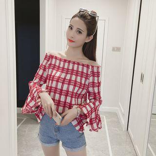 Plaid Off Shoulder Bell-sleeve Blouse