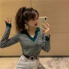 Long-sleeve Patterned V-neck Knit Top Plaid - Green - One Size