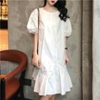 Elbow-sleeve Smocked A-line Dress White - One Size