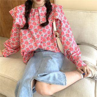 Floral Print Blouse Shirt - Flower - Rose Pink - One Size