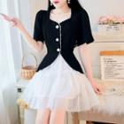Set: Short-sleeve Beaded Blouse + Mesh Mini A-line Skirt