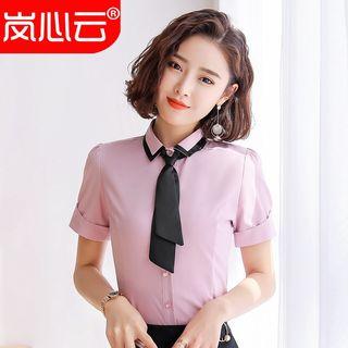 Tie Neck Short-sleeve Blouse / Pencil Skirt / Set