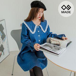 Plus Size Lace-trim Collar Denim Dress