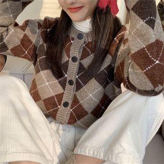 Argyle Cardigan Coffee & Beige - One Size