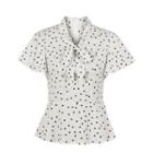 Short-sleeve Tie-neck Dotted Peplum Blouse
