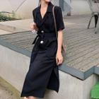 Elbow-sleeve Buttoned Slit Midi Chiffon Dress