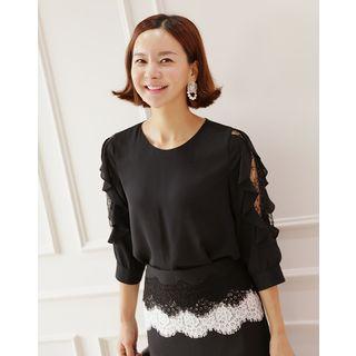 Ruffled 3/4-sleeve Lace-panel Top