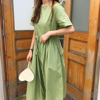 Set: Short-sleeve A-line Midi Dress + Crossbody Bag
