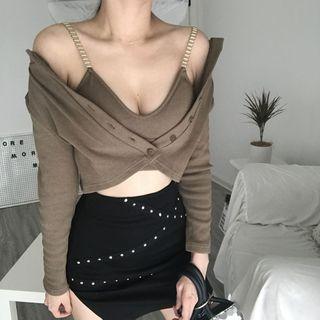 Set: Chain Strap Rib-knit Crop Top + Cropped Cardigan Top + Cardigan - Coffee Gray - One Size