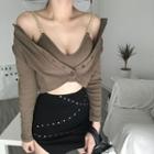 Set: Chain Strap Rib-knit Crop Top + Cropped Cardigan Top + Cardigan - Coffee Gray - One Size