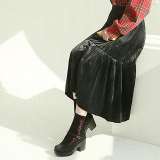 Crystal-pleat Long Velvet Skirt
