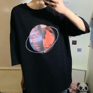 Planet Printed Elbow-sleeve T-shirt