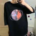 Planet Printed Elbow-sleeve T-shirt
