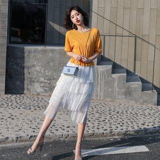 Short Sleeve Two Tone Layered A-line Dress