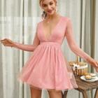Long-sleeve Mesh Overlay Mini A-line Dress
