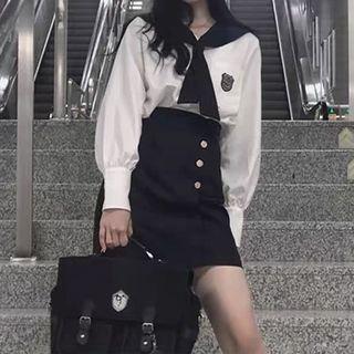 Set: Badged Shirt + Mini Skirt + Tie