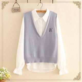 Ruffle-sleeve Plain Shirt + W Embroidered Knit Vest