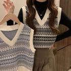 Long-sleeve Mock-neck Knit Top / Patterned Sweater Vest