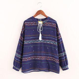 Long-sleeve Tie-neck Patterned Blouse