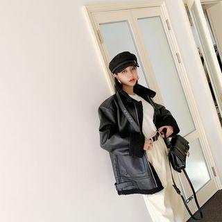 Funnel-neck Faux-shearling Jacket Black - One Size