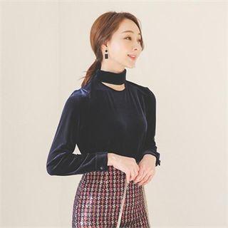 Mock-neck Slit-front Velvet Top