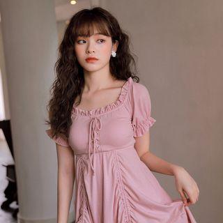 Set: Short-sleeve Lace-up Swim Dress + Bottom