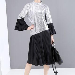 Color Panel Long-sleeve A-line Dress As Shown In Figure - One Size