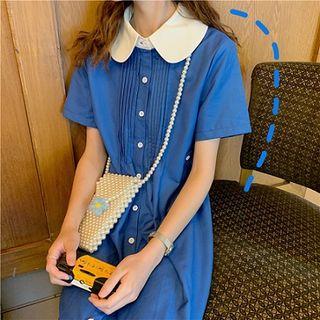 Single-breasted Collared Short-sleeve Midi A-line Dress Blue - One Size