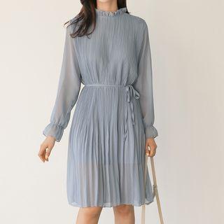 Long-sleeve Pleated Chiffon Midi A-line Dress