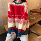 Long-sleeve Heart Printed Knit Sweater As Shown In Figure - One Size
