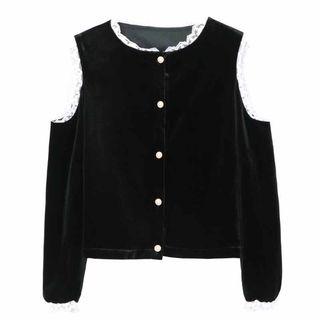 Long-sleeve Cold-shoulder Button Velvet Top