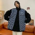 Checkerboard Denim Panel Fleece Zip Jacket