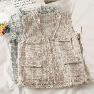 V-neck Plaid Pocket Button-up Vest