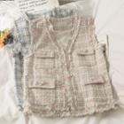 V-neck Plaid Pocket Button-up Vest