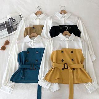 Mock Two-piece Double-breasted Lace-up Long-sleeve Blouse